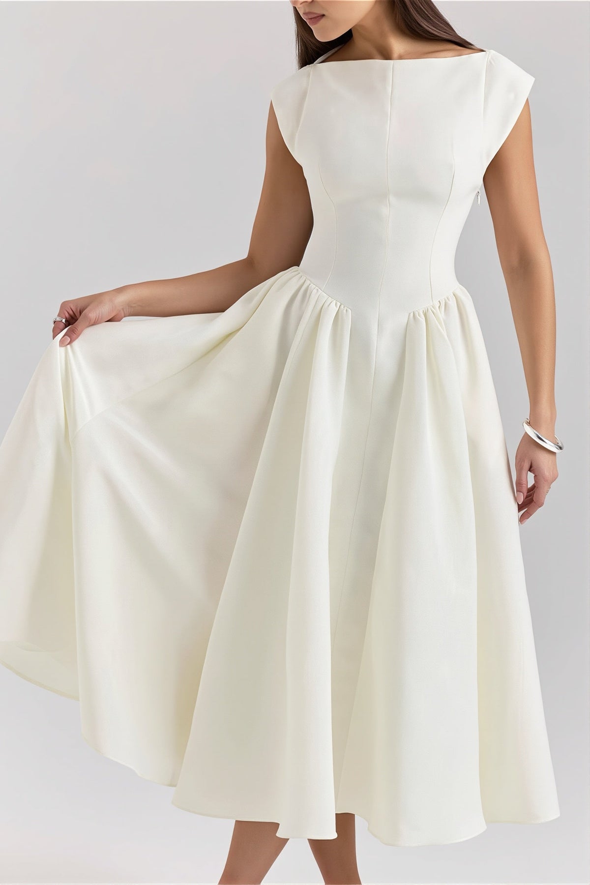 Boat Neck Cap Sleeve Fit and Flare Midi Dress