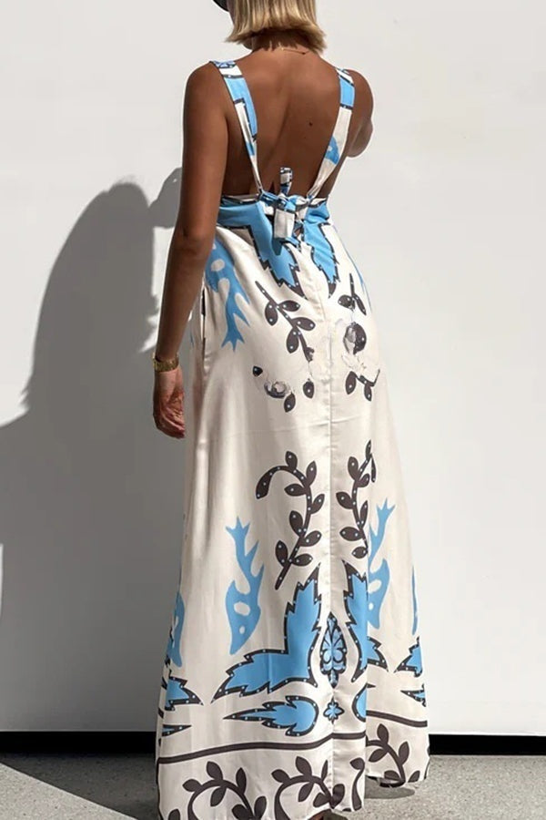 Unique Print Square Neck Open Back Lace-Up Loose Maxi Dress - Fashionpara