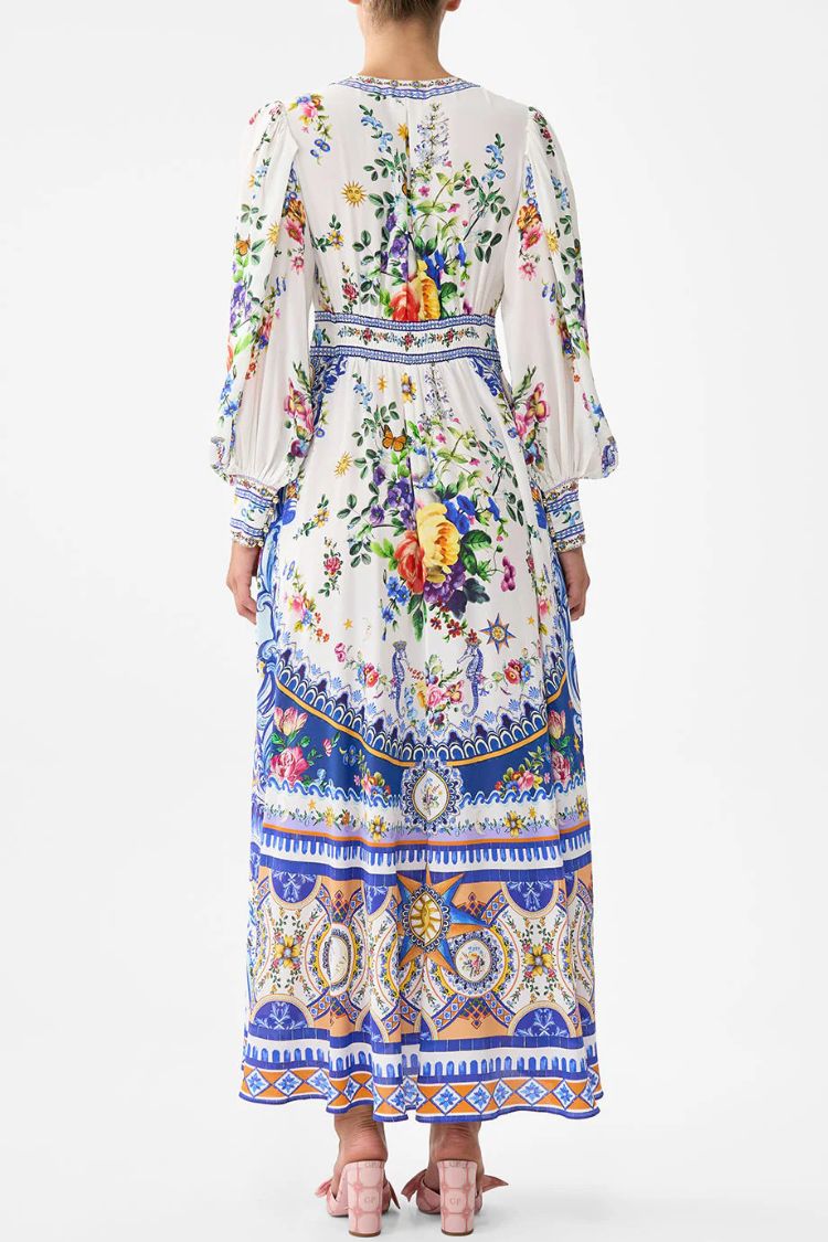 Printed V-neck Long-sleeved Puff Sleeve Waist Maxi Dress - Fashionpara