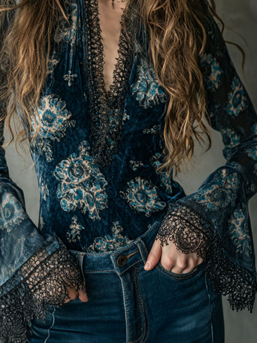 Retro Blue Floral  Velvet Lace Blouse With Bell Sleeves - Fashionpara
