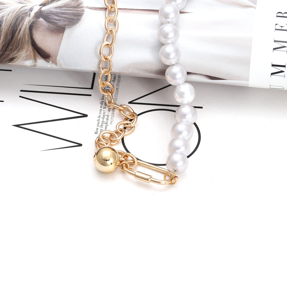 Pearl Lock Metal Stitching Necklace