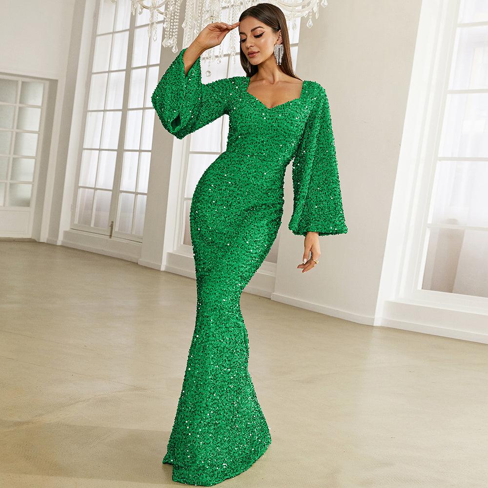 Shimmering Trumpet Sleeves Sequin Dress - Fashionpara