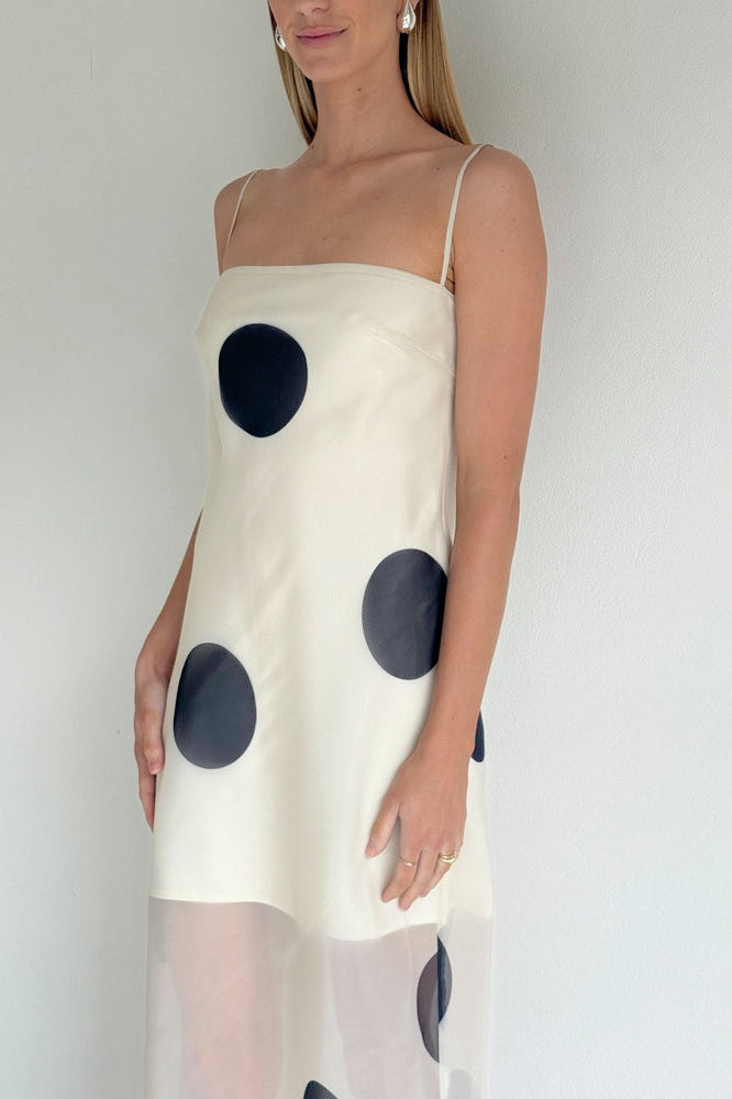 Oversized Polka Dot Strapless Sheer-Hem Maxi Dress