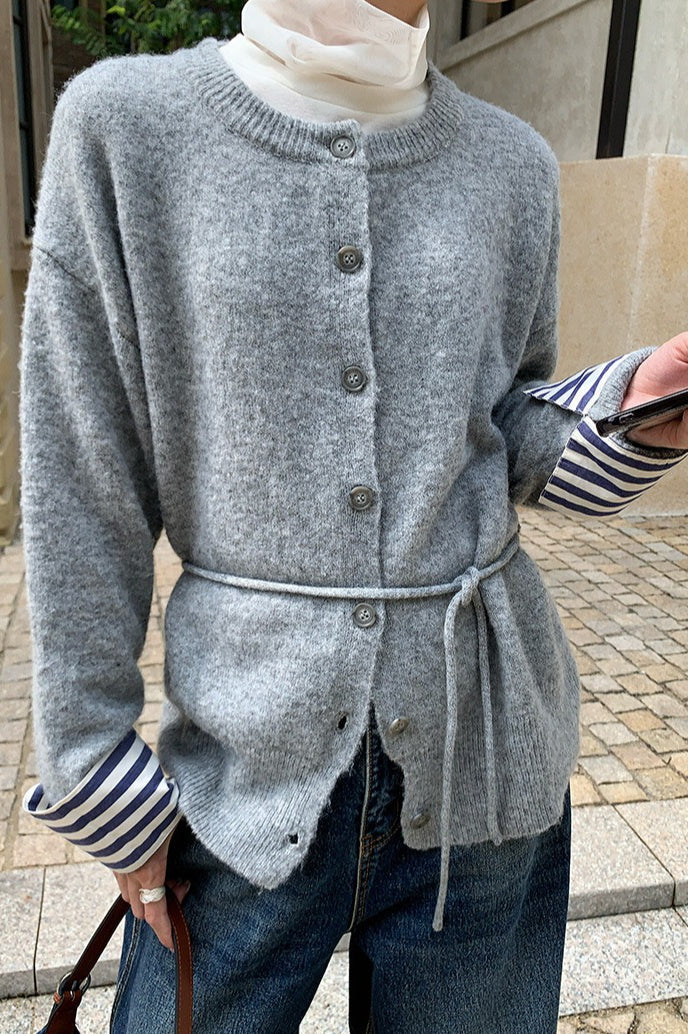 Color-Block Belted Knit Cardigan for Effortless Style