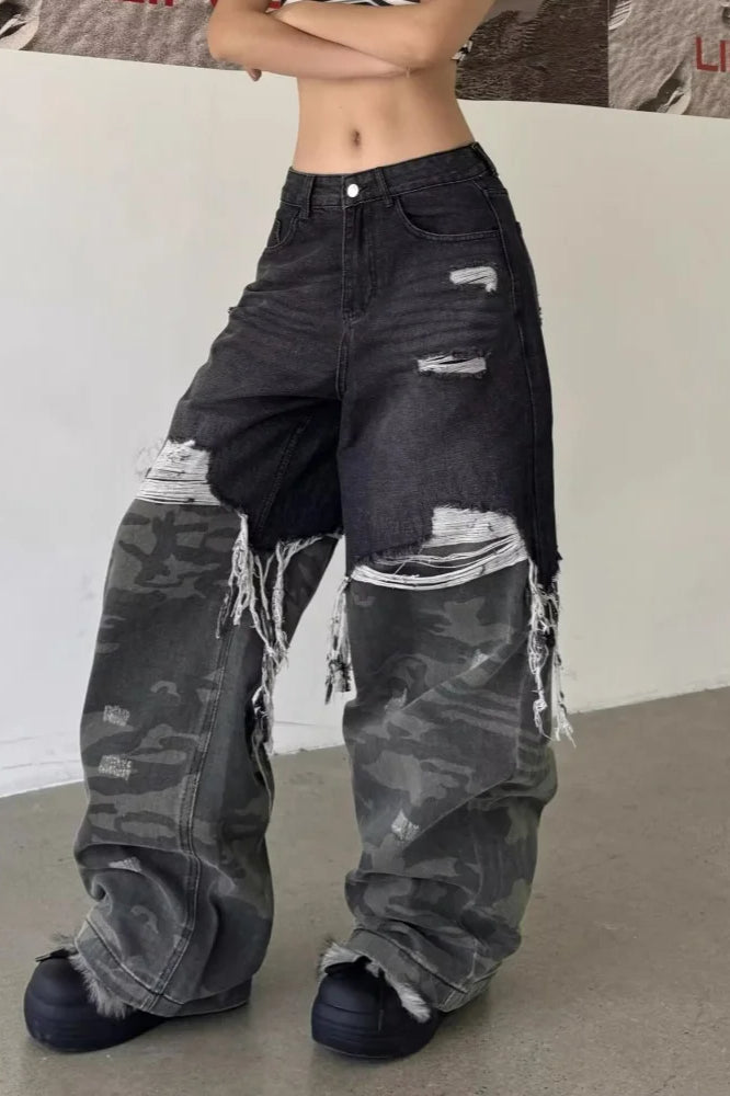 Camouflage Patchwork Baggy Wide-Leg Jeans