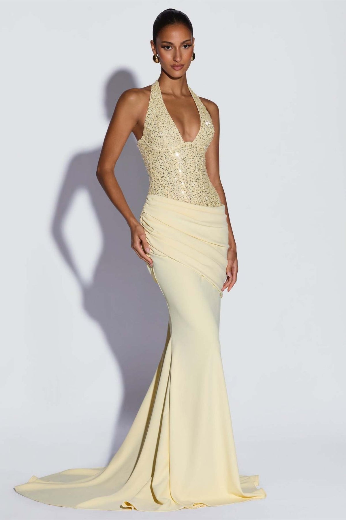 Sequin Bodice Halter Plunge Draped Mermaid Gown