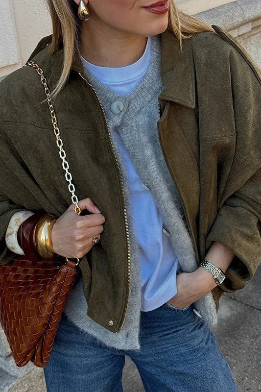 Solid Suede Look Balloon Hem Zip Jacket