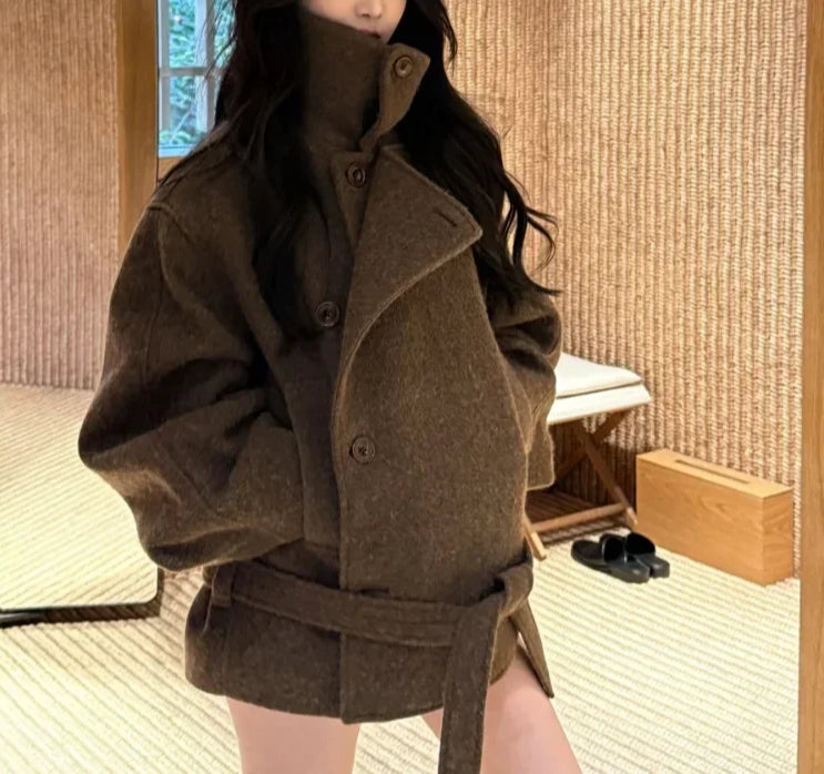 Casual Wool Lace-Up Stand Collar Overcoat