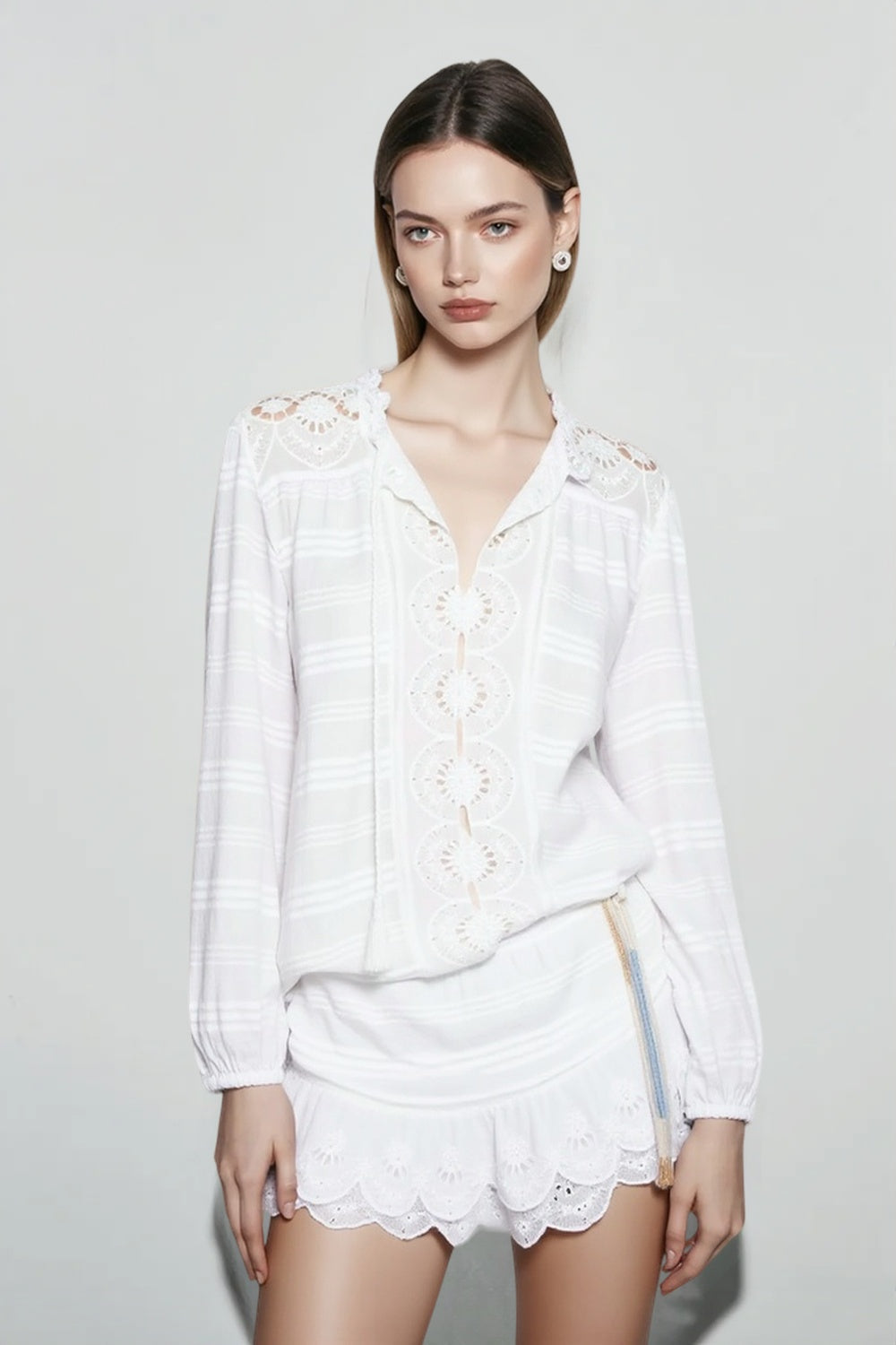 Crochet Trim Long Sleeve Smocked Waist Eyelet Mini Dress 3