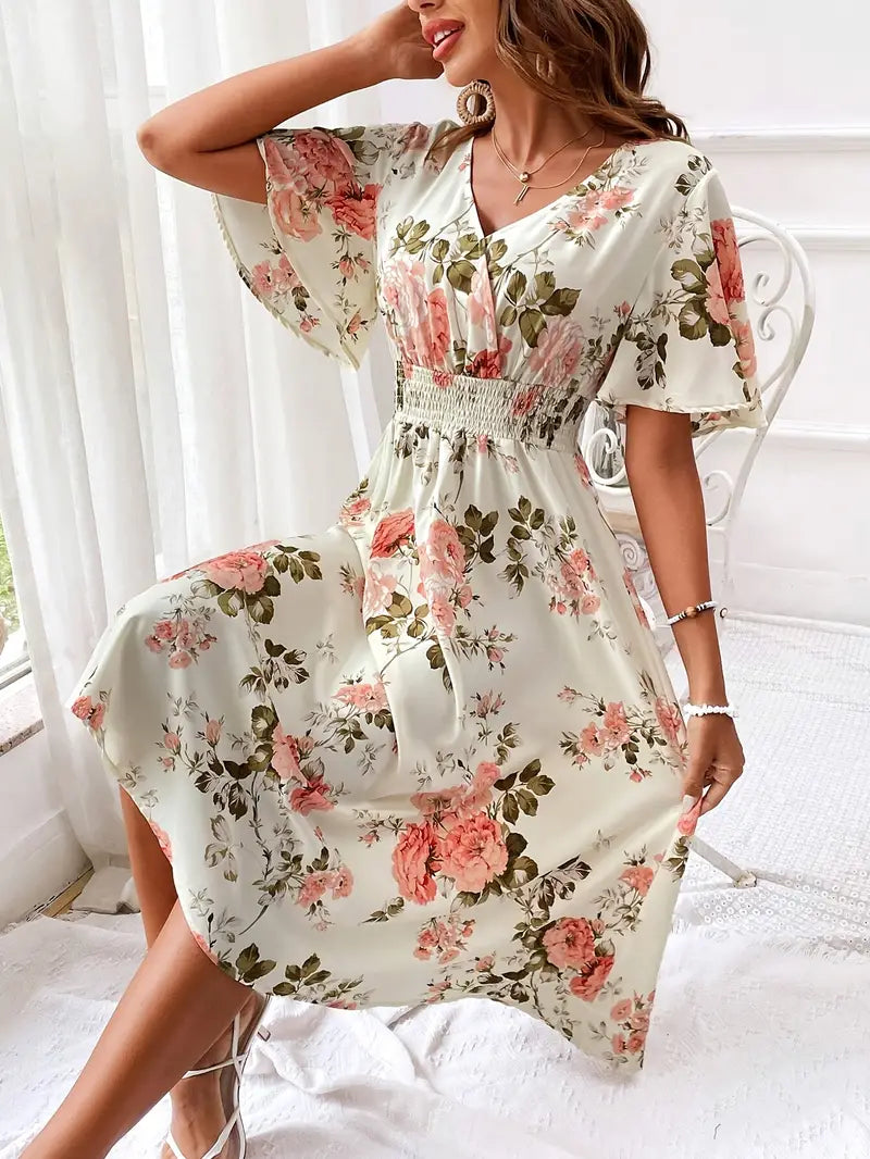 Floral Print V-Neck Flutter Sleeve Shirred Waist Midi Dress - View 4