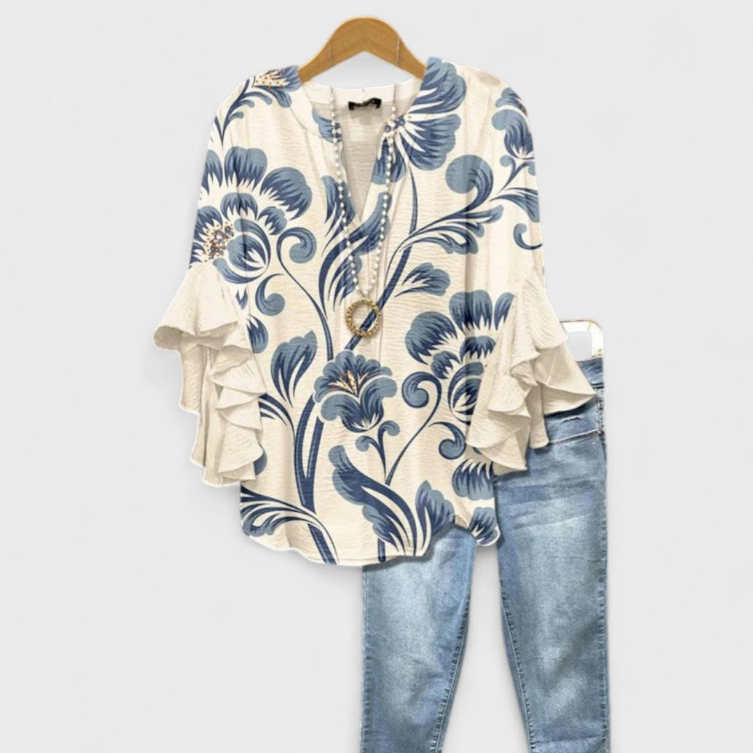 Floral Print V-Neck Ruffle Bell Sleeve Blouse