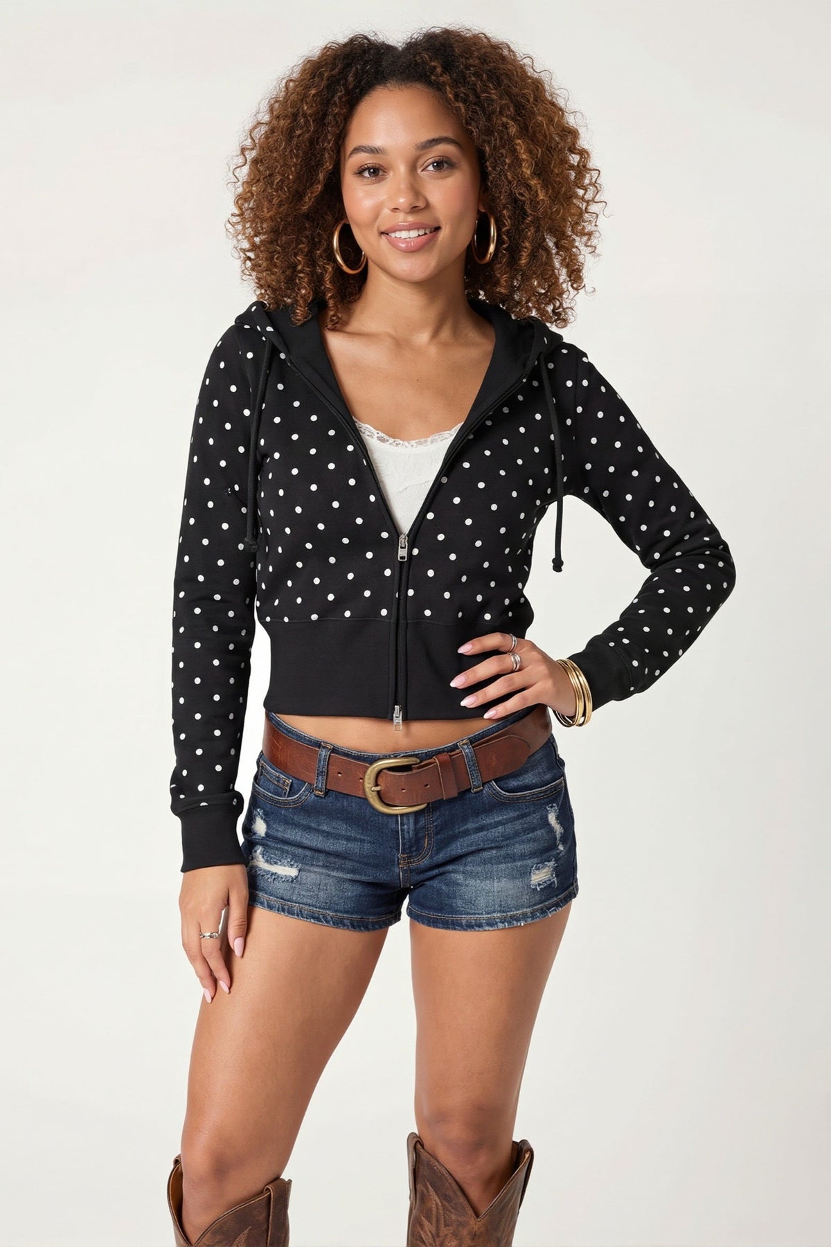 Polka Dot Fitted Zip Front Cropped Hoodie