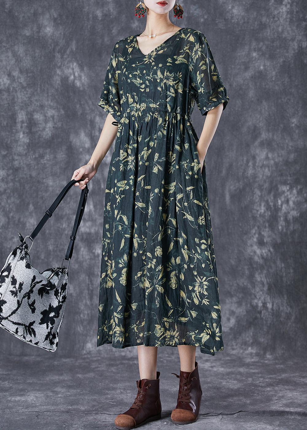 Botanical Print V-Neck Elbow Sleeve Gathered Waist Loose Midi Dress - View 2
