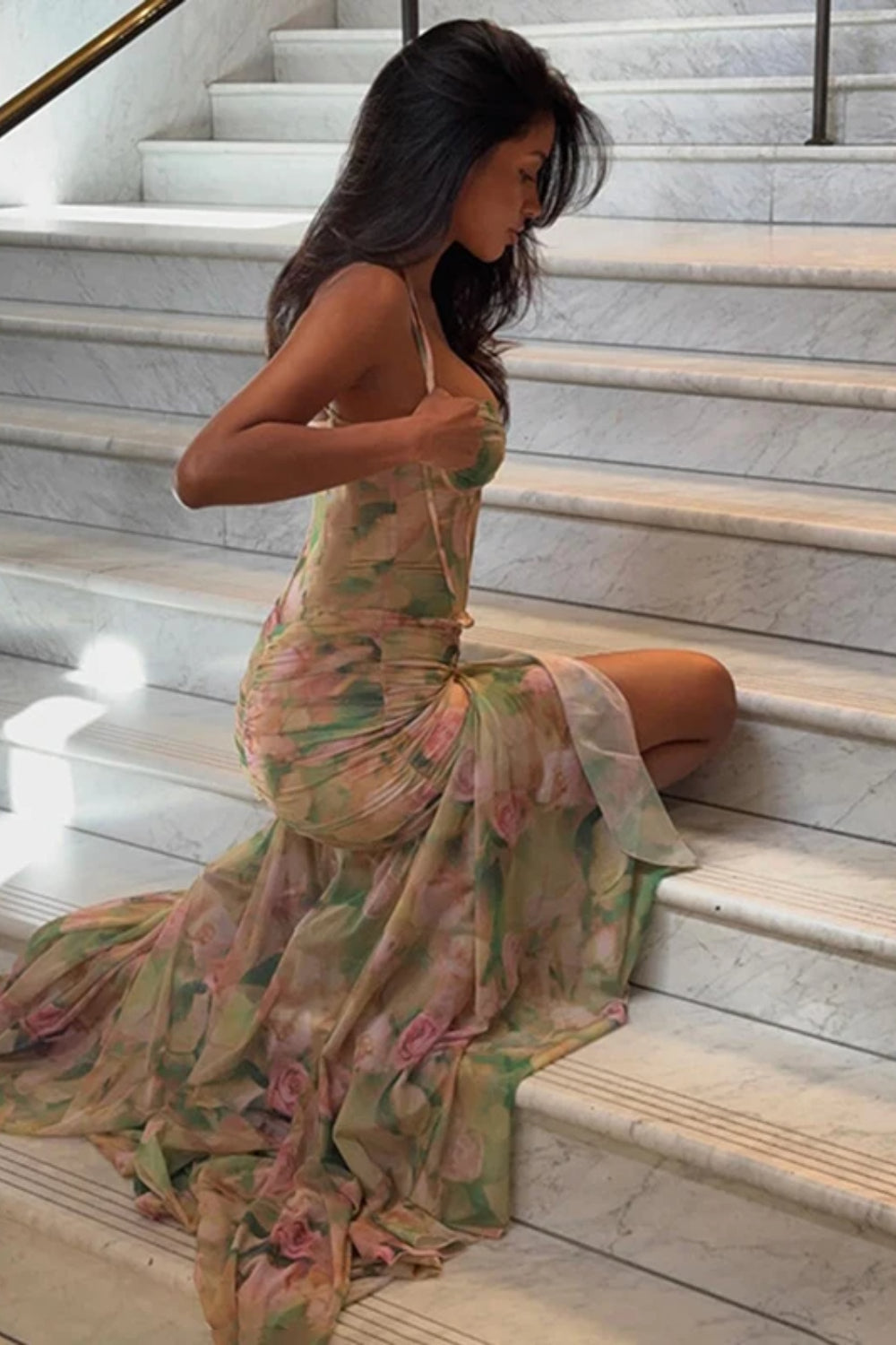Silk Floral Ruched Slit Spaghetti Maxi Dress