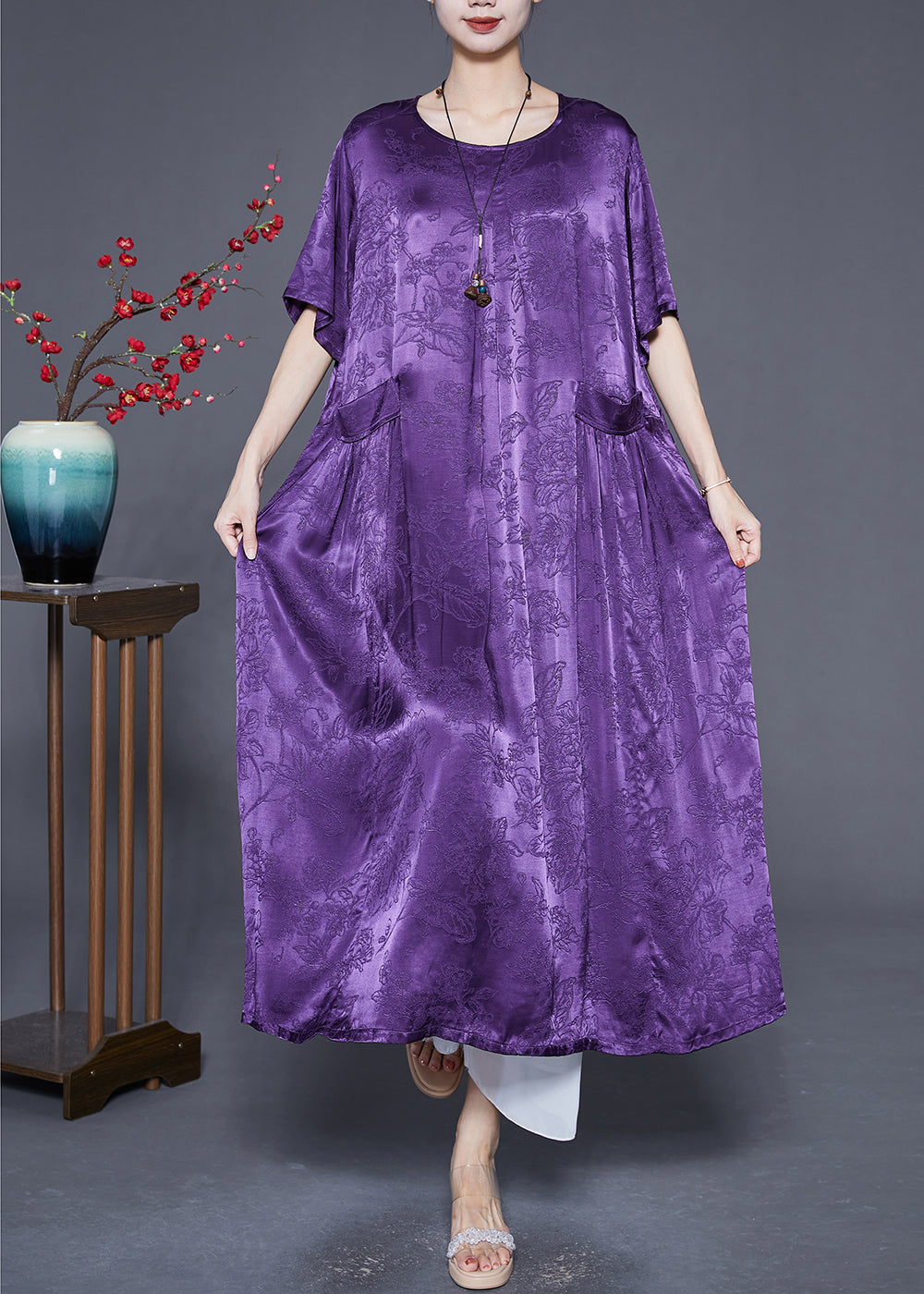 Jacquard Floral Patch Pocket Short Sleeve Round Neck Maxi Dress - View 2
