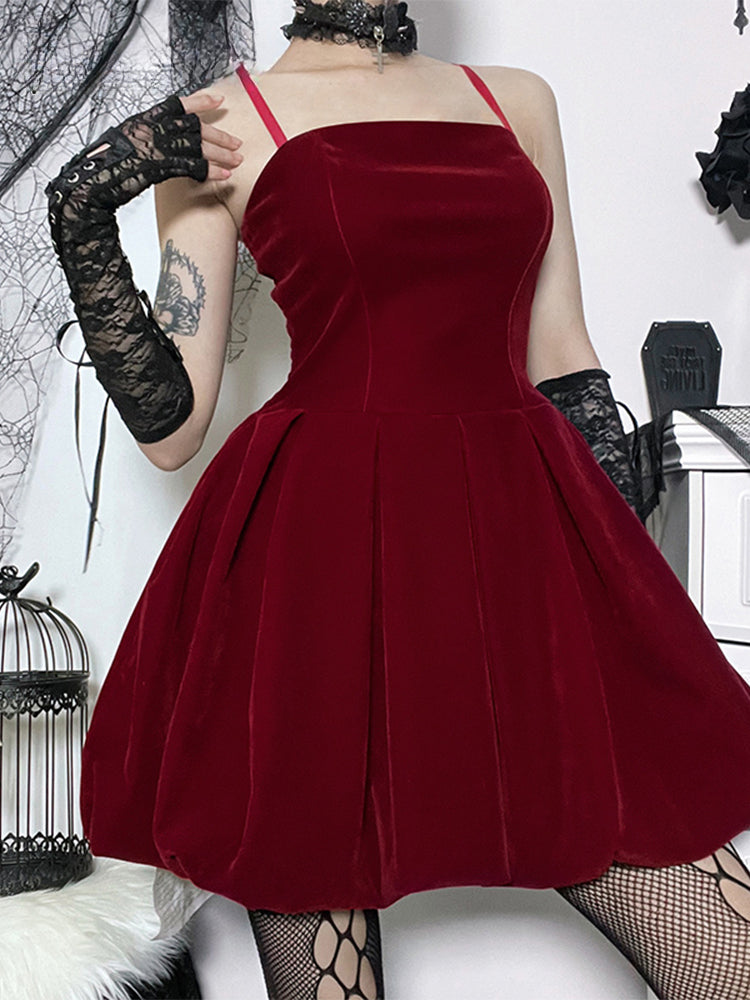 Velvet Solid Shirring High Waist Spaghetti Straps A-Line Dress