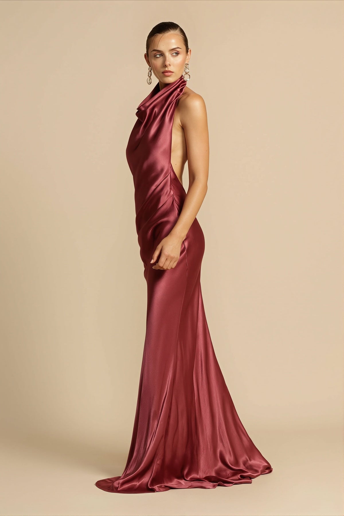 Satin Cowl Neck Halter Backless Mermaid Gown