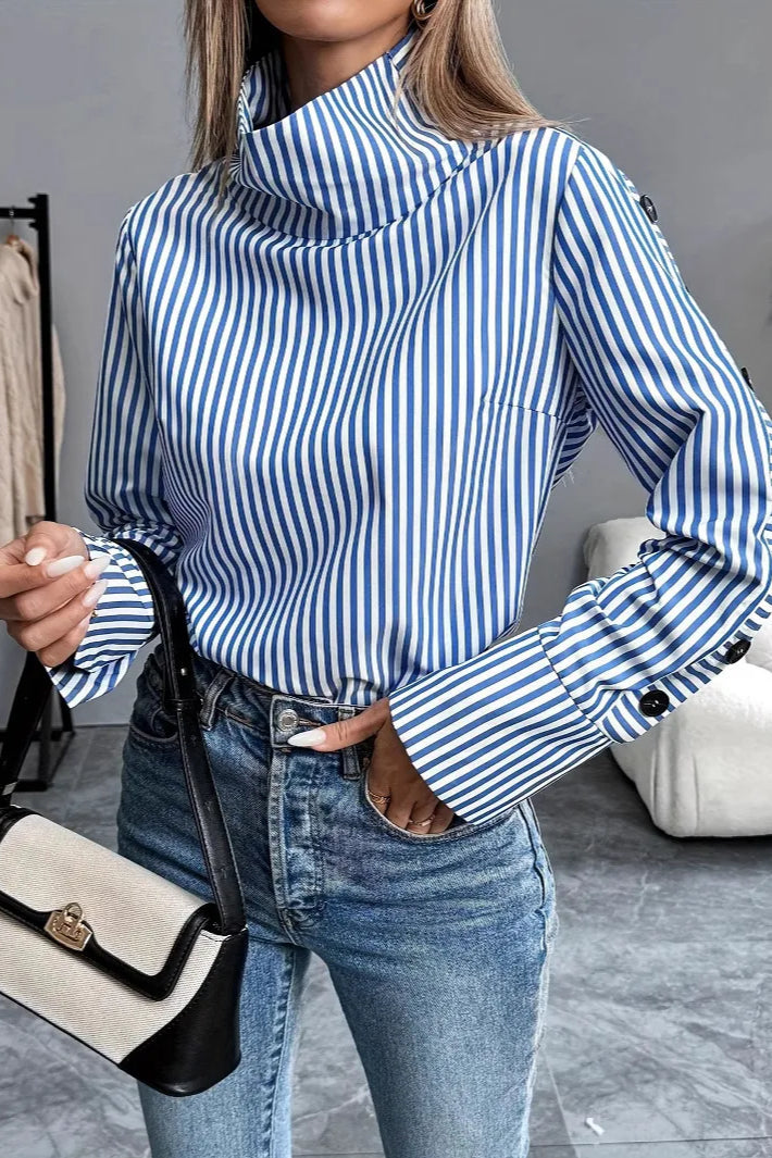Stripe Spliced Button Pullover Blouse