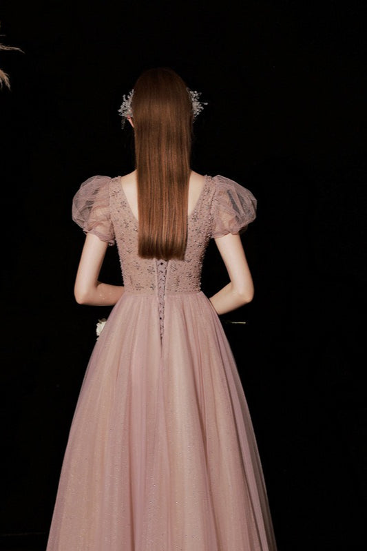 Square Neck Puff Sleeve Glitter Tulle A-Line Prom Gown - View 4