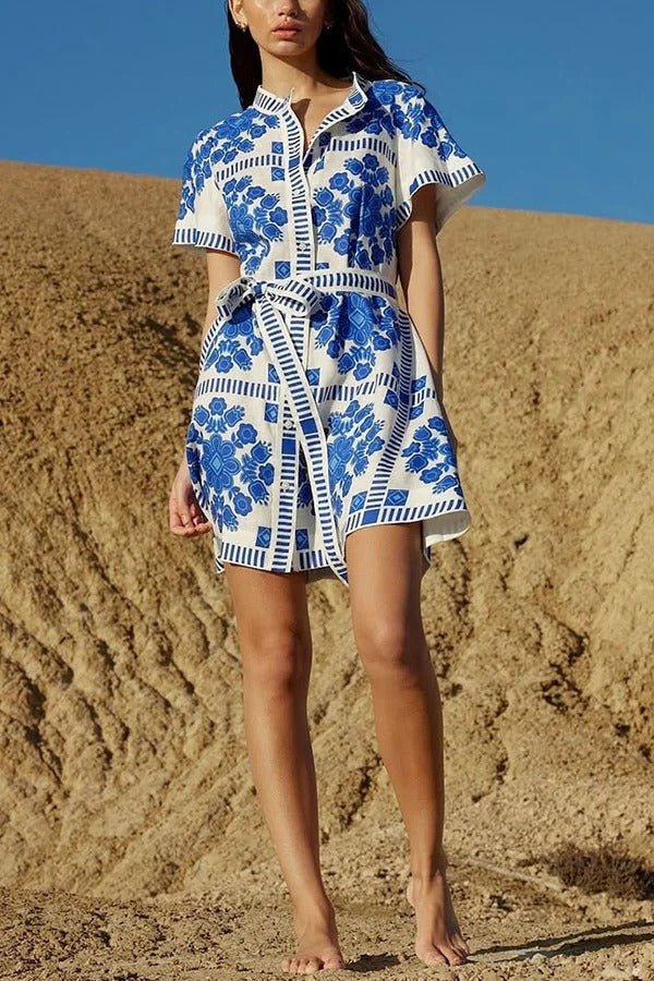 Unique Print Short Sleeve Button Tie Waist Mini Dress - Fashionpara