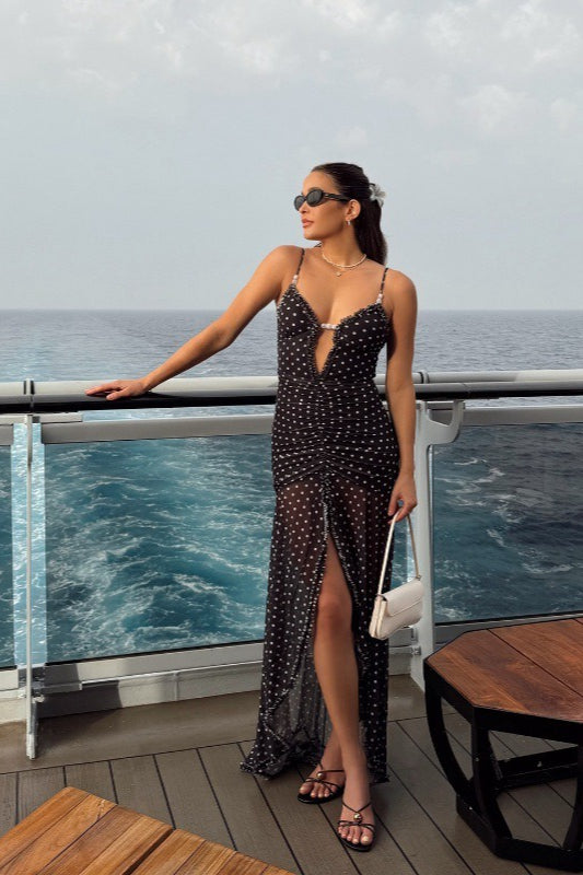 Polka Dot Ruched Lace Mesh Cami Maxi Dress - Fashionpara