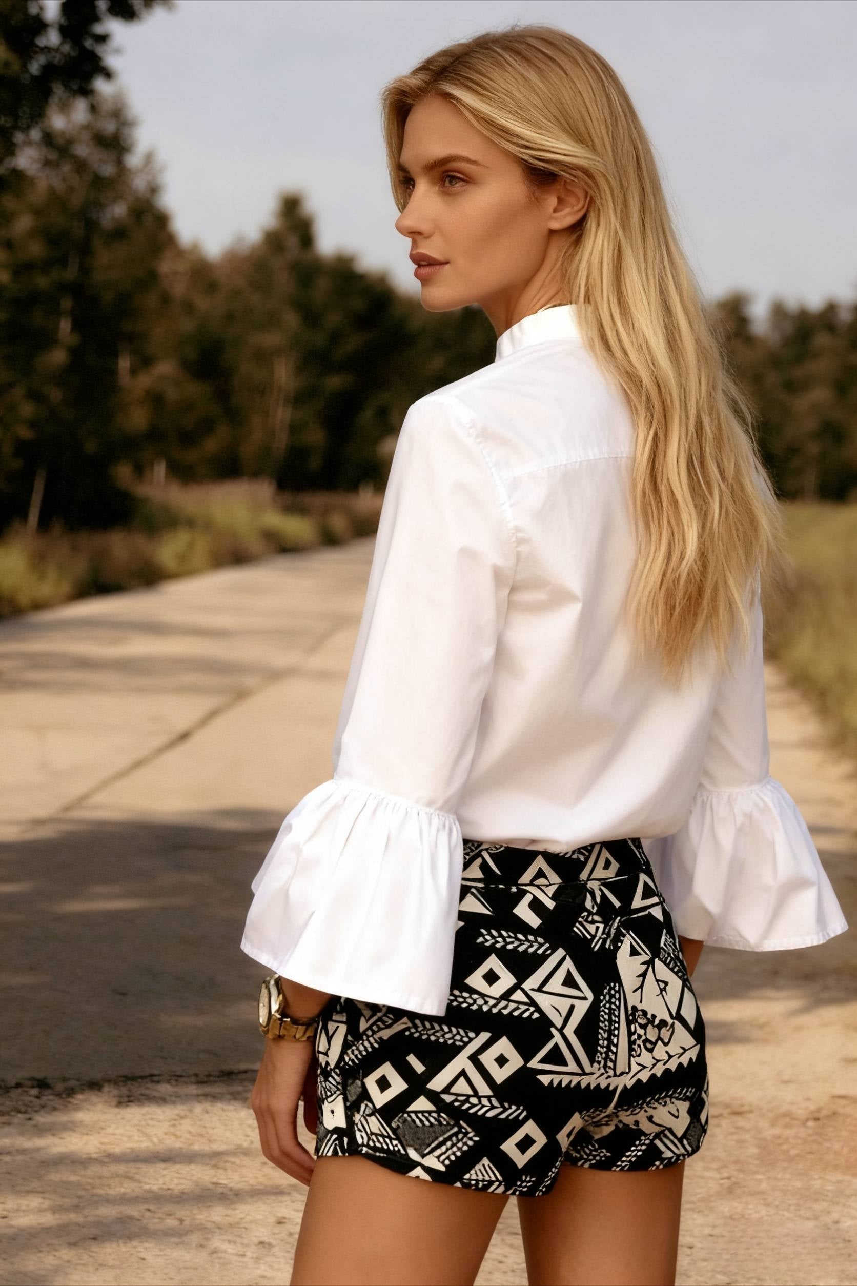 Blouse Office Arm - V Button Women's Flare Up White Neck Blouse - Fashionpara