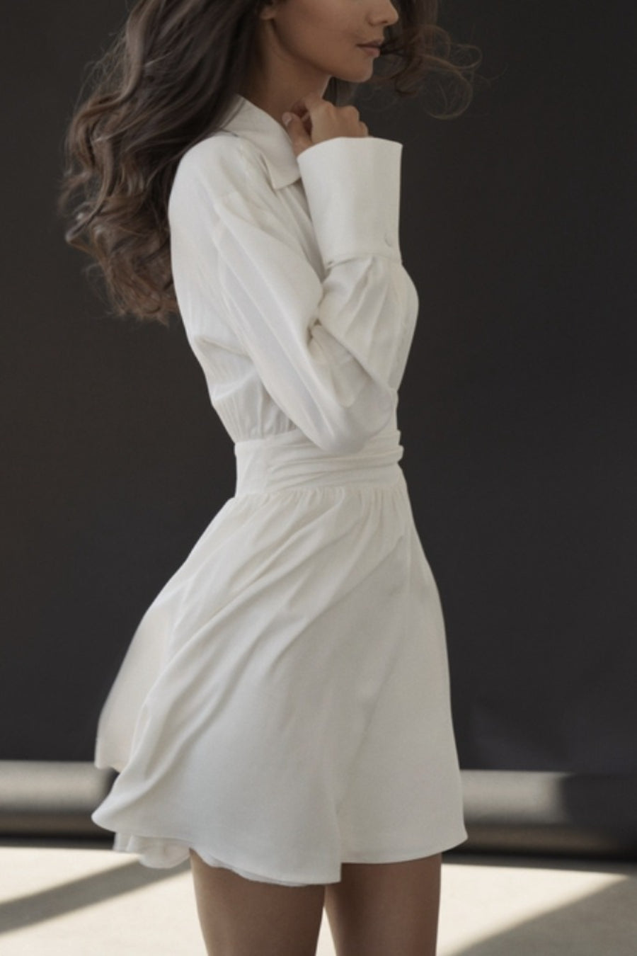 Collared Long Sleeve Wrap Waist Fit & Flare Mini Dress