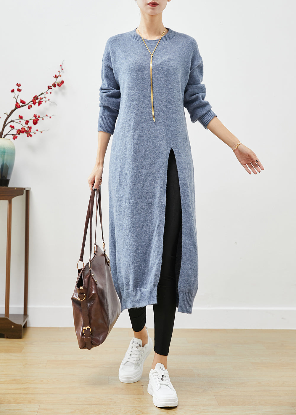 Knit Crew Neck Long Sleeve Ribbed High Split Sweater Midi Dress - View 2