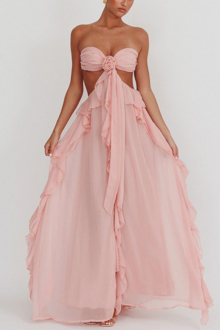 Gorgeous Vacation Halter Rose Detail Cut Out Ruffles Backless Maxi Dress - Fashionpara