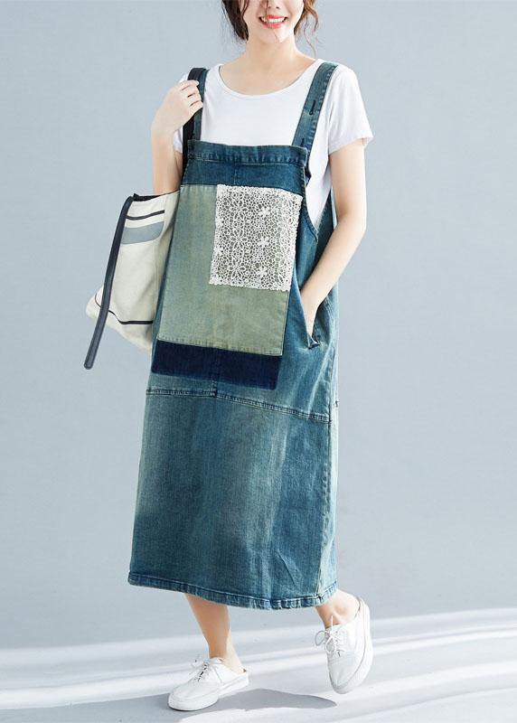 Denim Lace Patchwork Bib Strap Pinafore Midi Dress