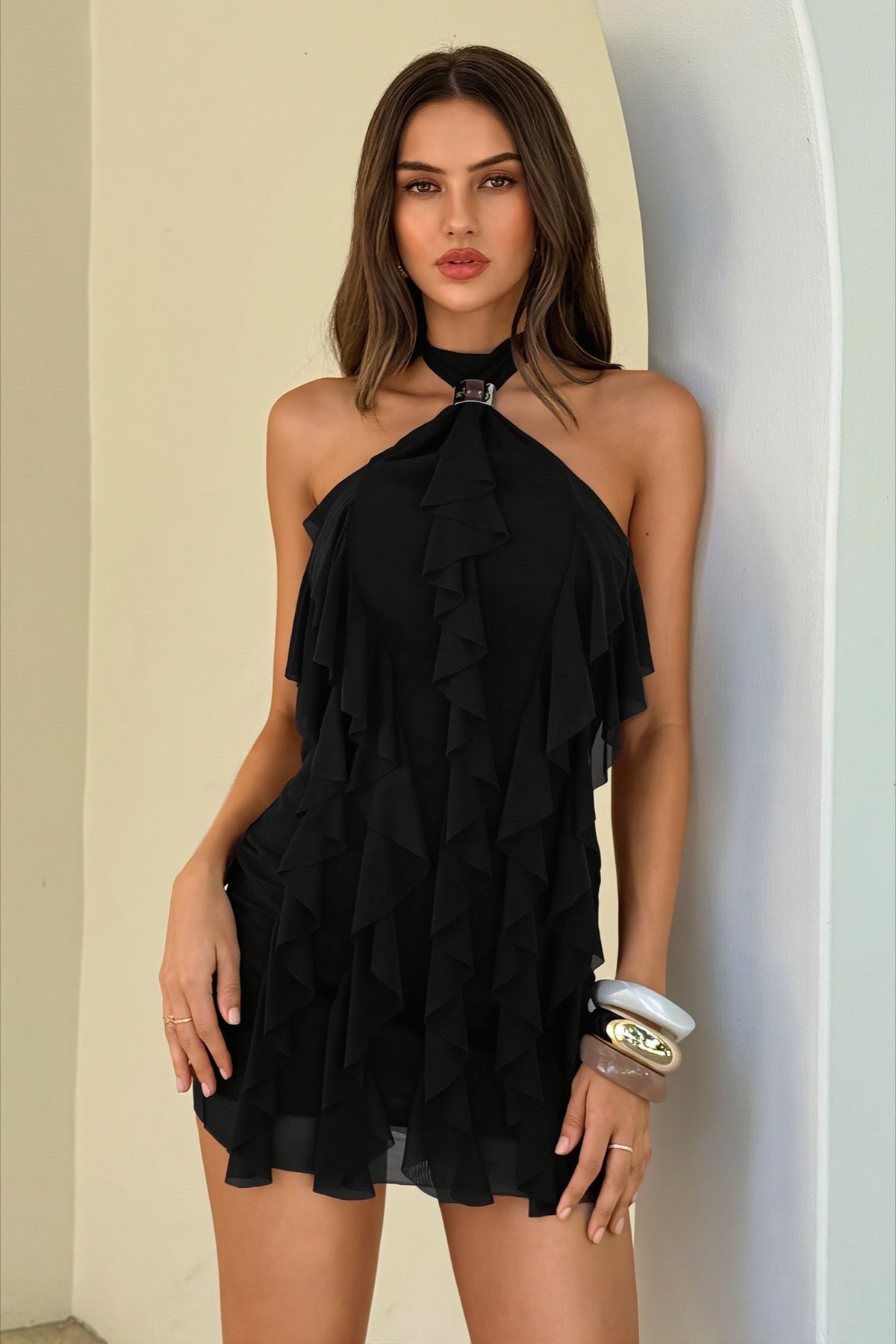Ruffle Halter Neck Ring Detail Mini Dress 4