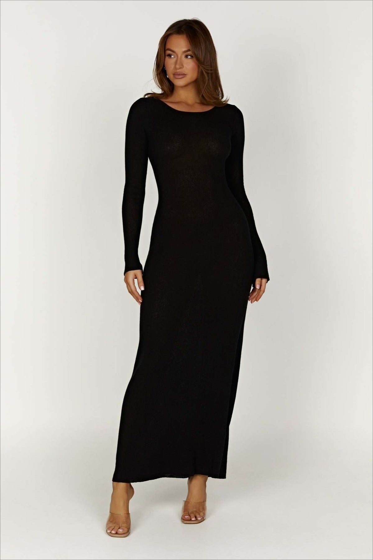 Knit Long Sleeve Lace-Up Back Bodycon Maxi Dress