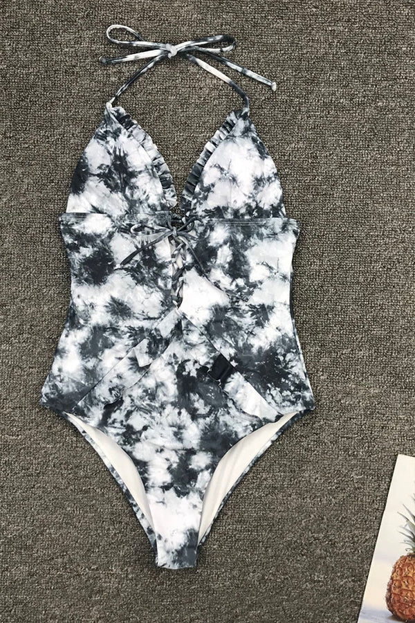 Flirty Ruffle Marble Print Halter Tie-dye One-piece Swimsuit - Fashionpara