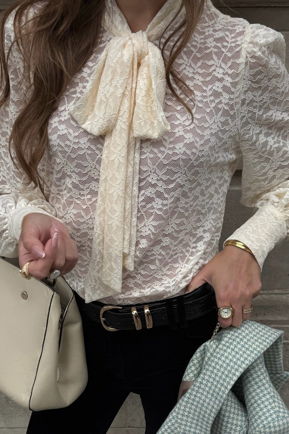 Jacquard Lace Bow Tie Blouse