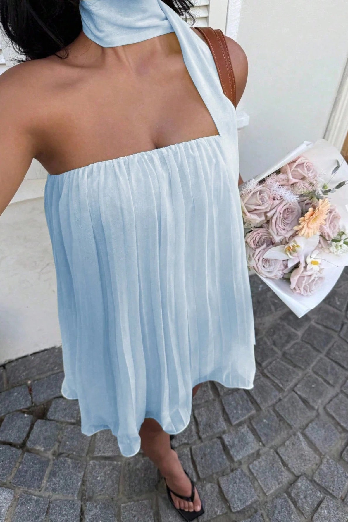 Chiffon Halter Neck Pleated Babydoll Mini Dress