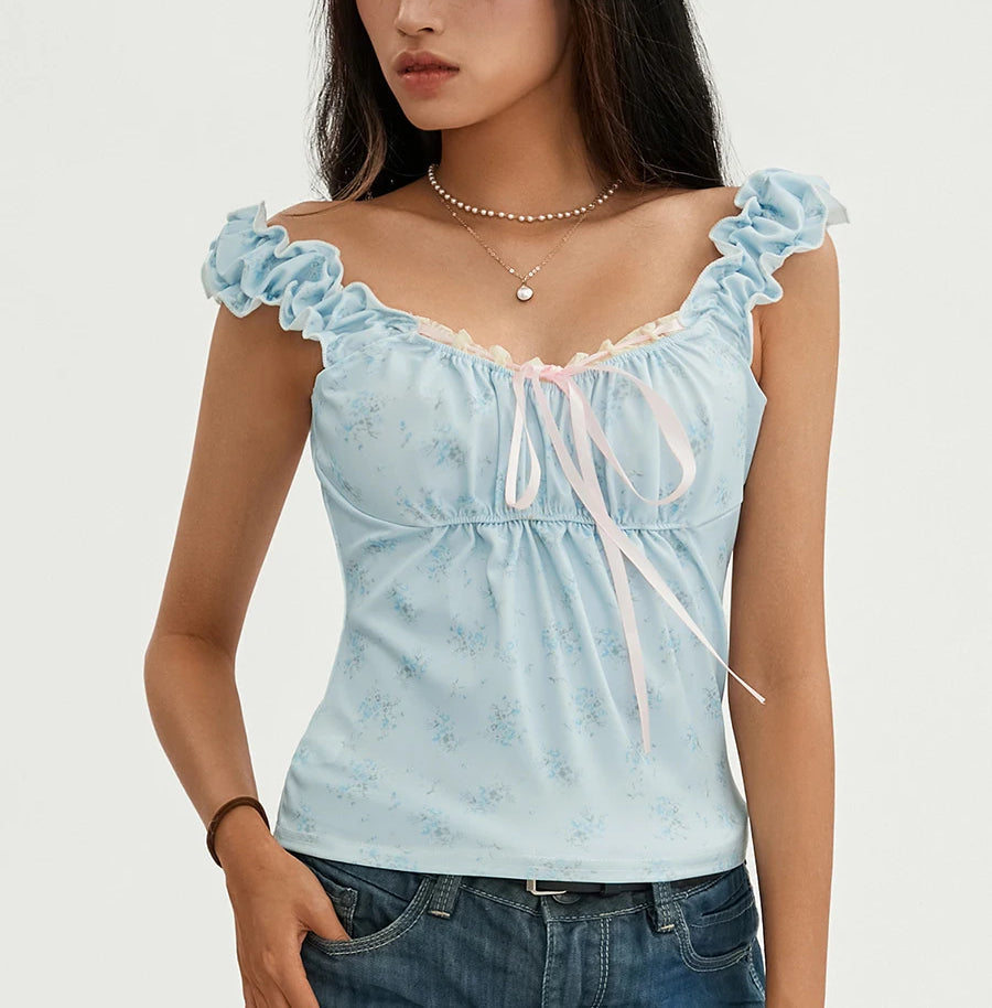 Floral Lace Patchwork Sleeveless Slim Fit Club Crop Vest - Fashionpara