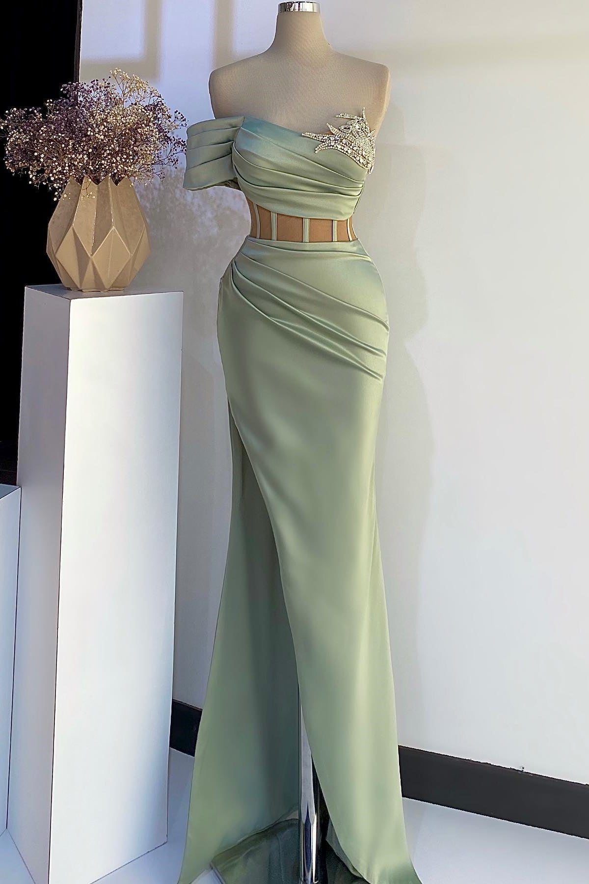Elegant Dusty Sage Off-the-Shoulder Long Mermaid Prom Dresses with Beads - Fashionpara