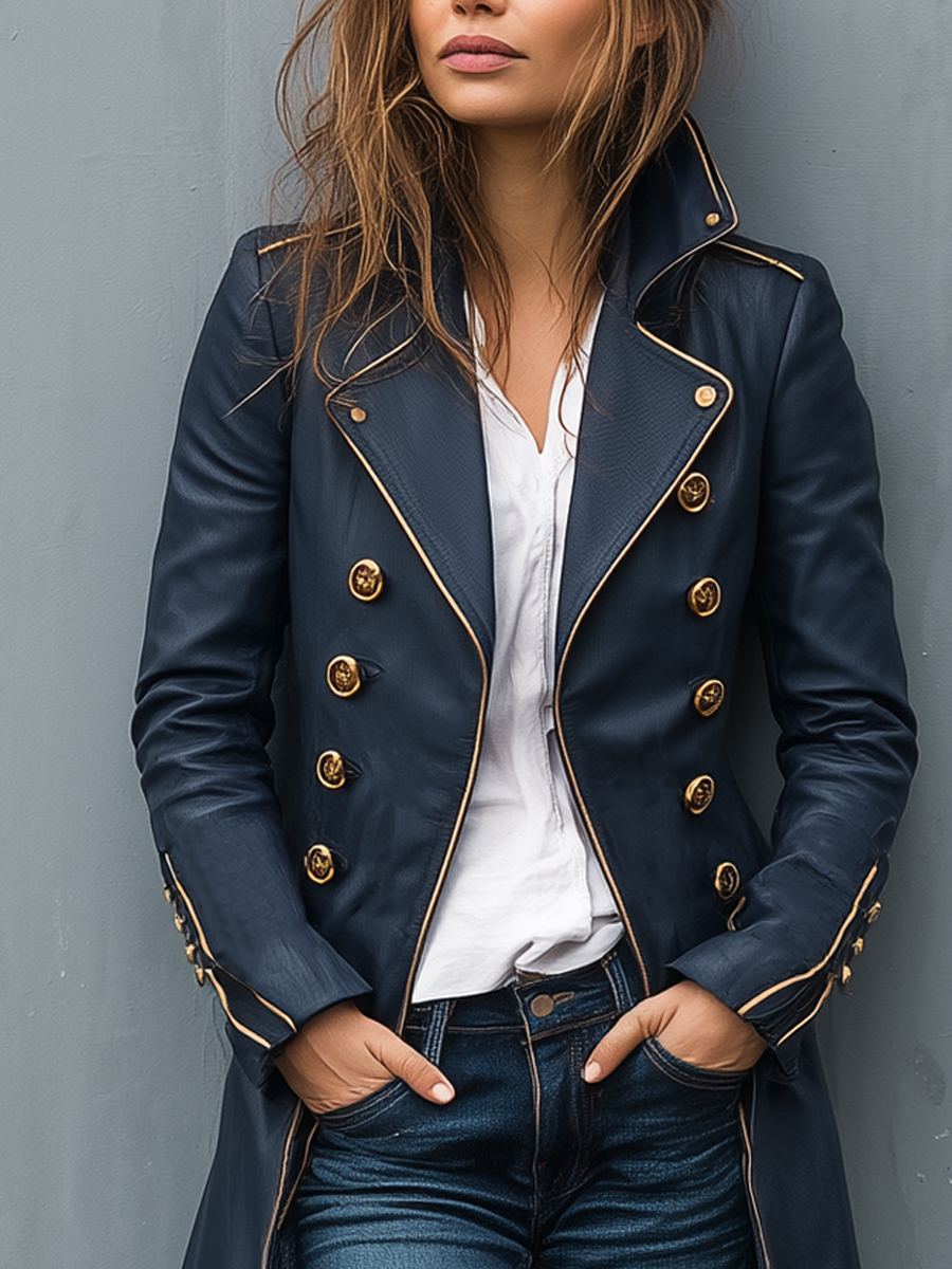 Retro Military Style Double-breasted Faux Leather Coat - Fashionpara