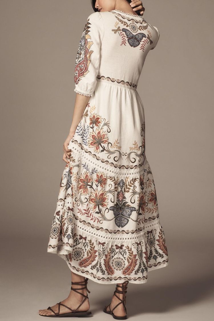 Puerto Rico Unique Print Tie-up Half Sleeve A-line Tiered Maxi Dress - Fashionpara