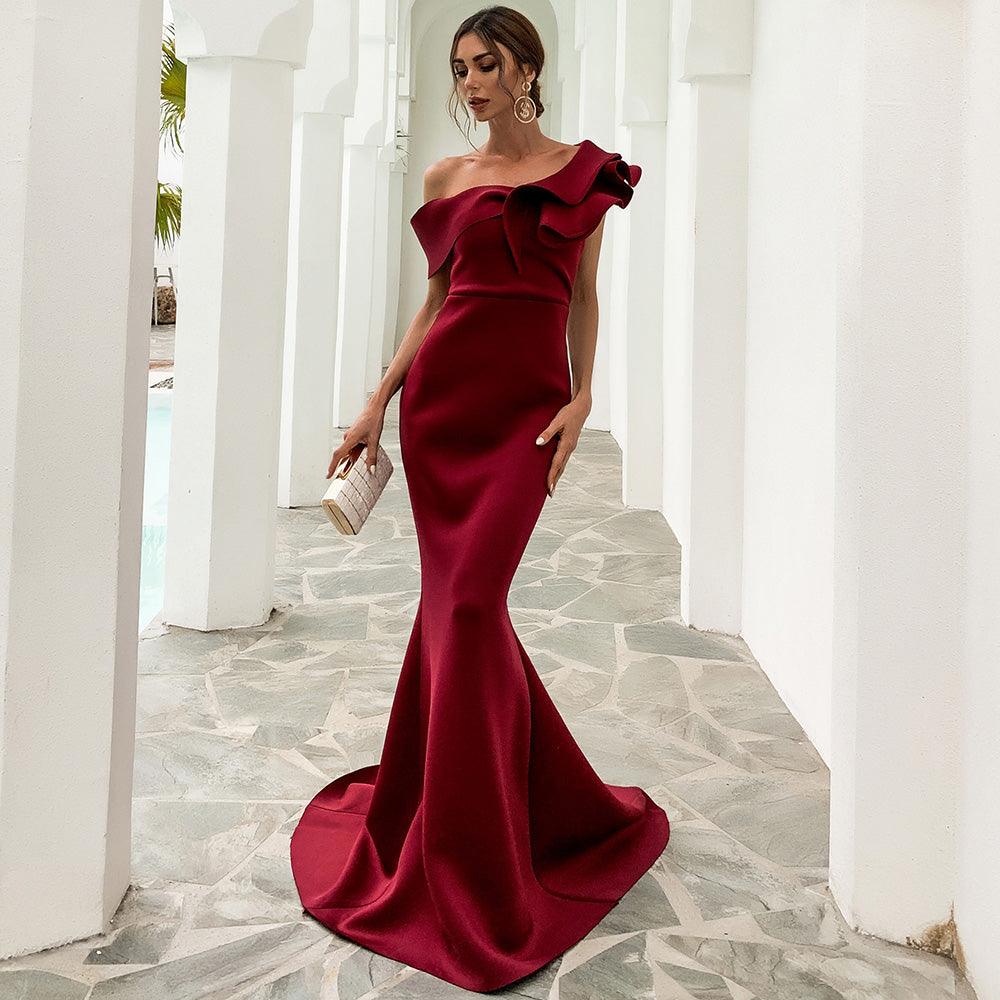 Ruffled Single Shoulder Evening Dress - Fashionpara