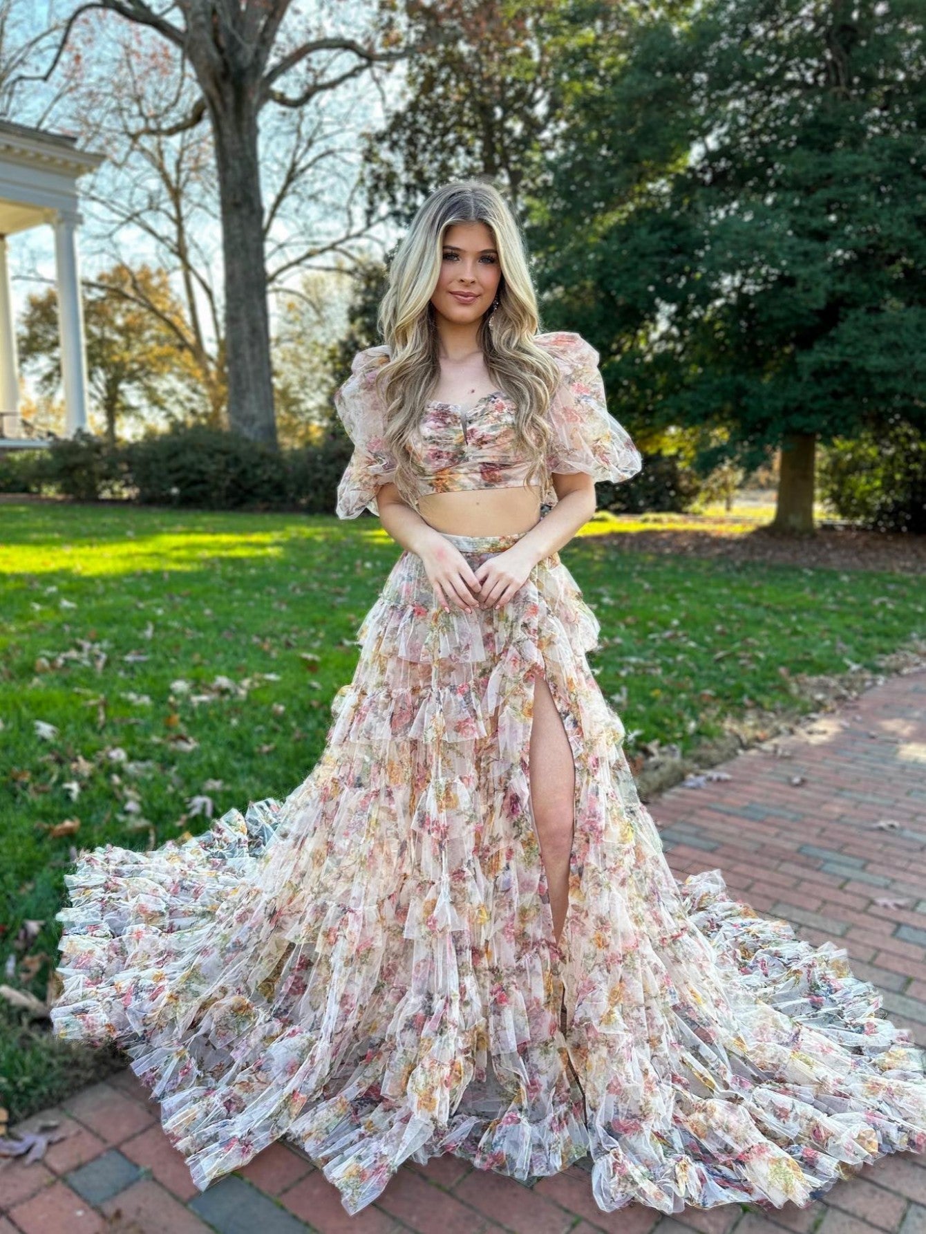 A Line Floral Two Pieces Set Tulle Long Prom Dress - Fashionpara