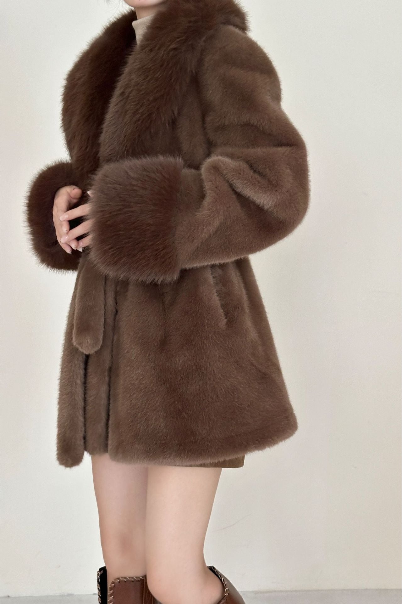 Faux Animal Fur Suede Mid-Length Notch Collar Tie Waist Coat