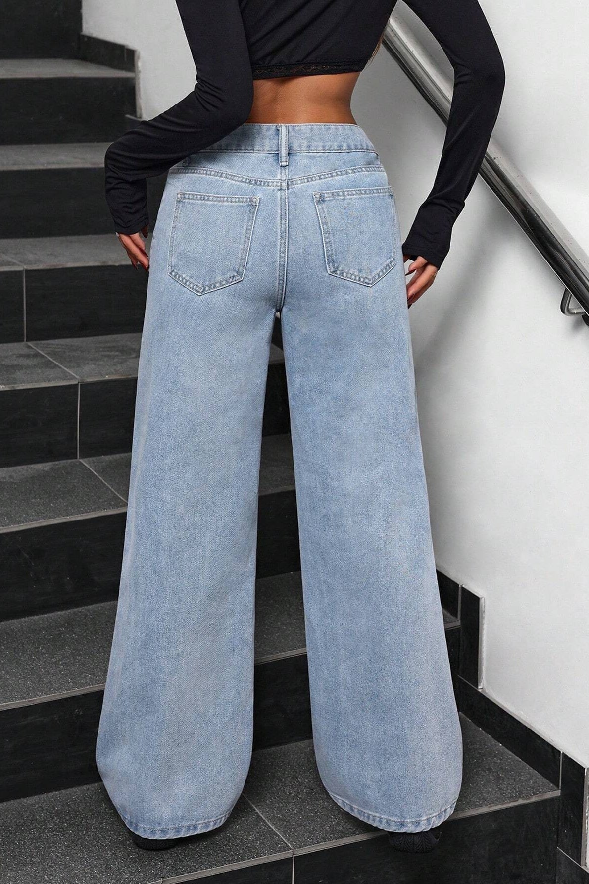 High Waist Washed Bow Wide Leg Jean