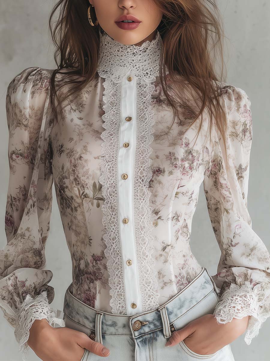 Victorian Style Floral Chiffon Blouse