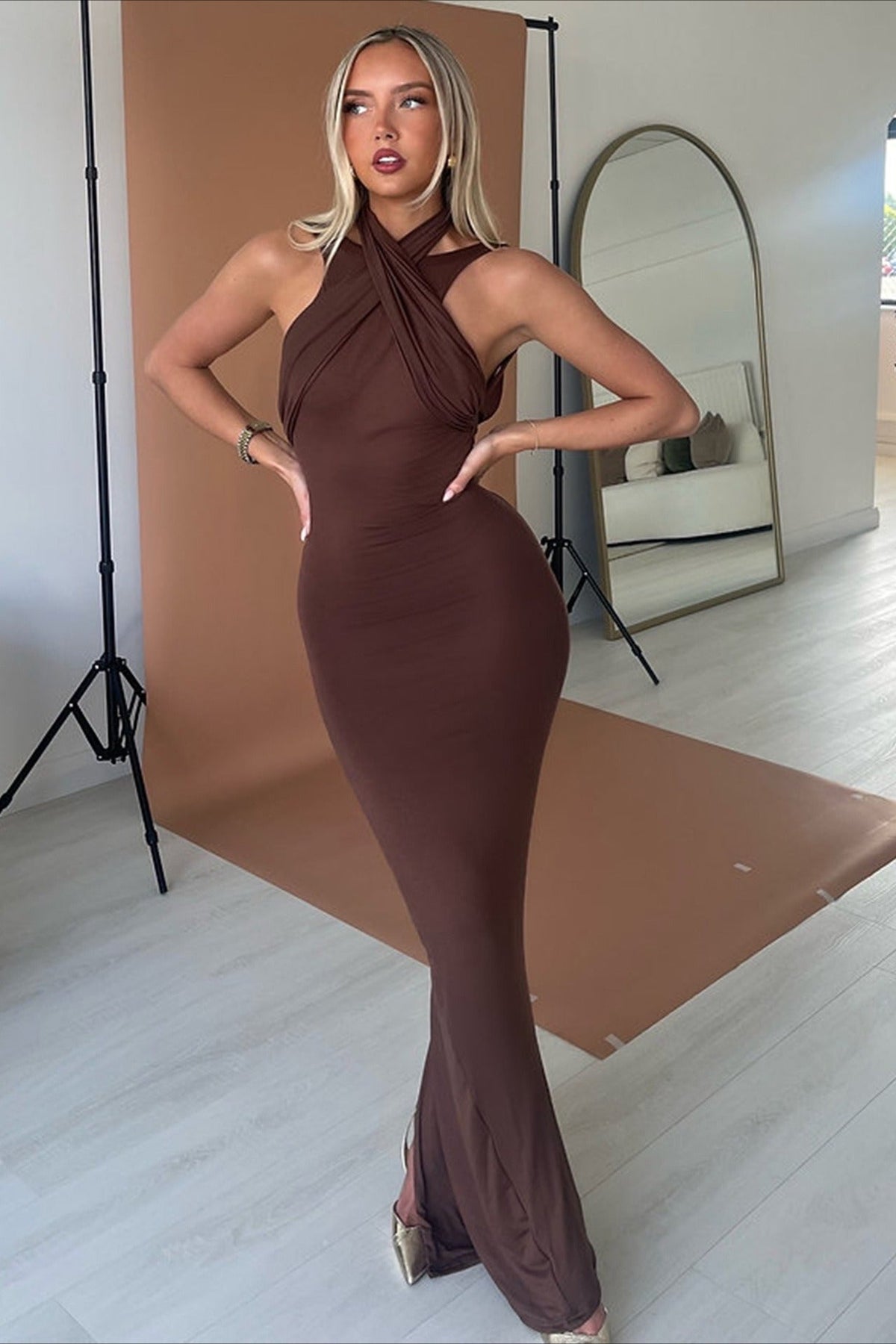 Halter Neck Cross Front Mermaid Maxi Dress
