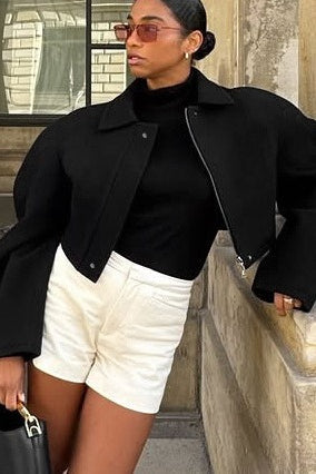 Zipper Lapel Wool Short Jacket
