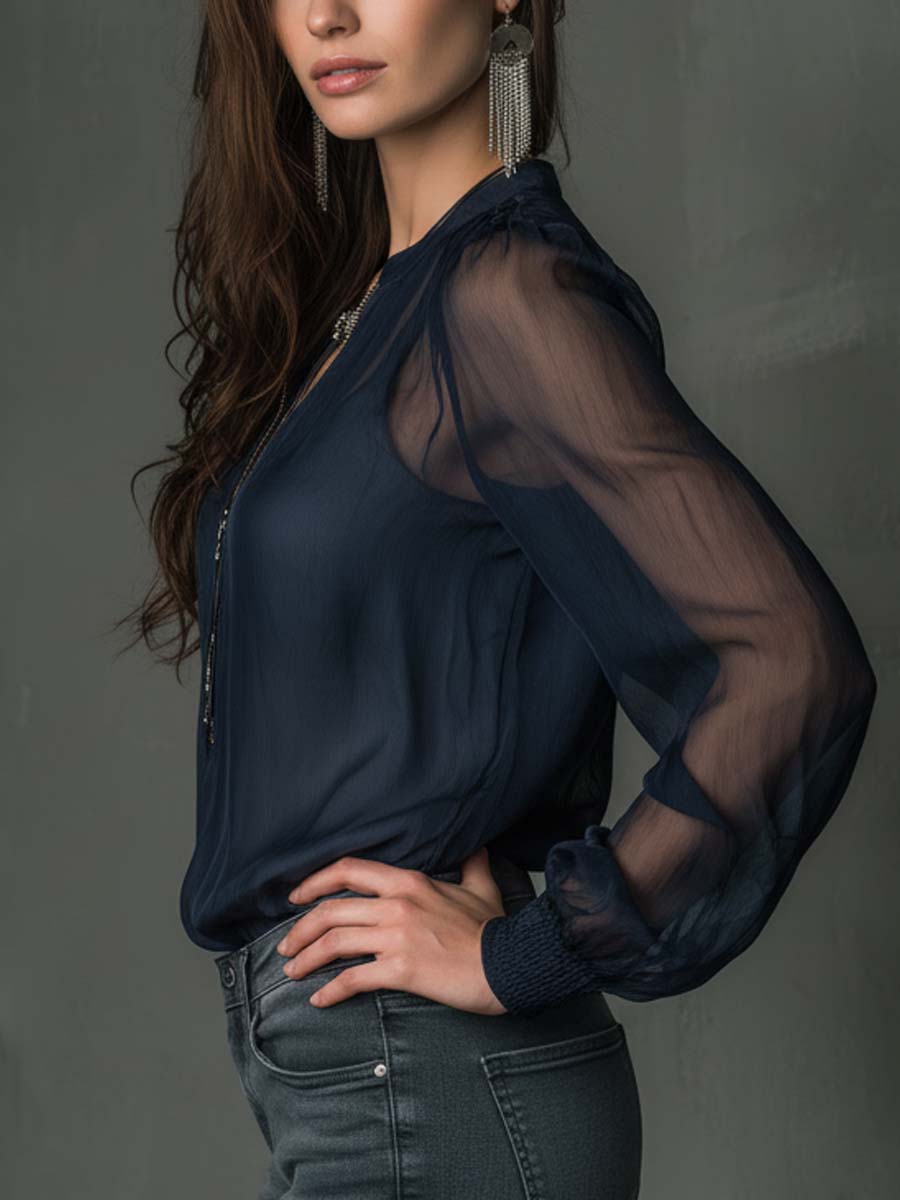 Sheer Chiffon Zip-Front Blouse - Fashionpara