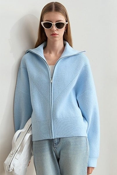 Thick Knit Zip Cardigan with Naval Collar for Cozy Elegance