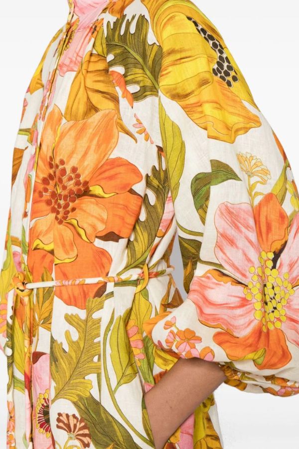 Floral Print Fashion Puff Sleeve Fitted Swing Midi Dress - Fashionpara