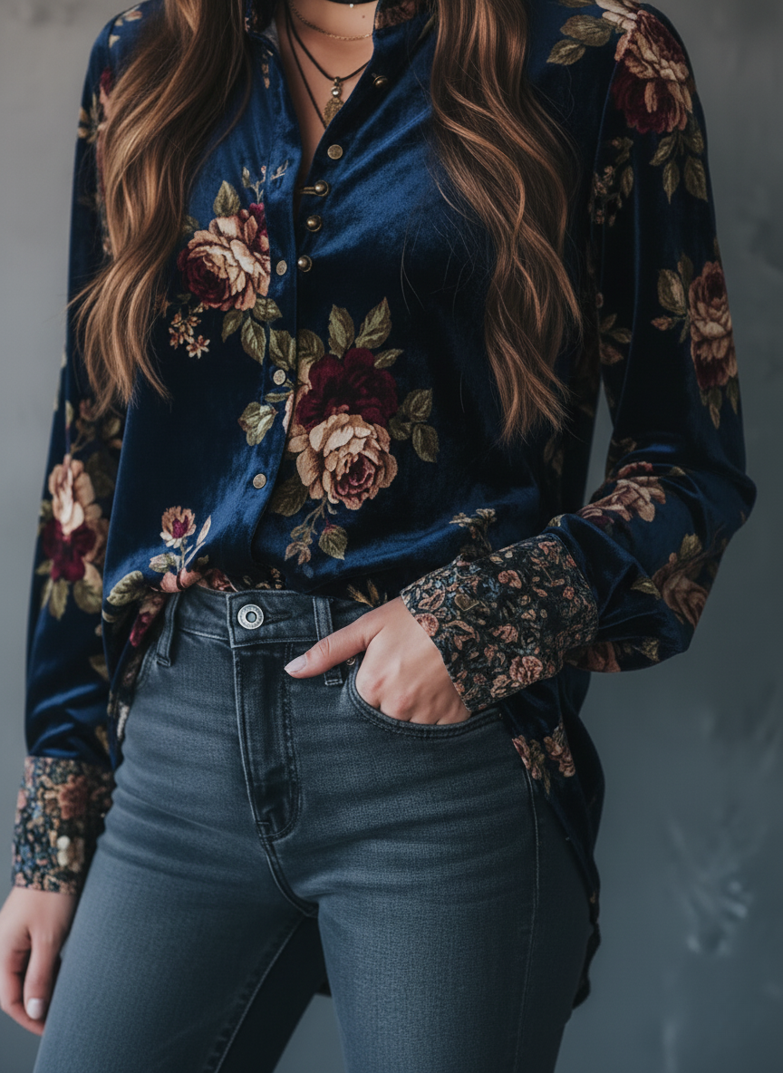 Retro Gold Velvet Floral Print Button-Up Blouse - Fashionpara